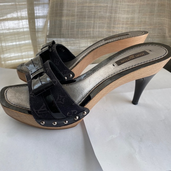 Louis Vuitton Mules BLACK monograM MINI LIN GRENADINE leather 37 heels PLATFORM - Picture 7 of 10